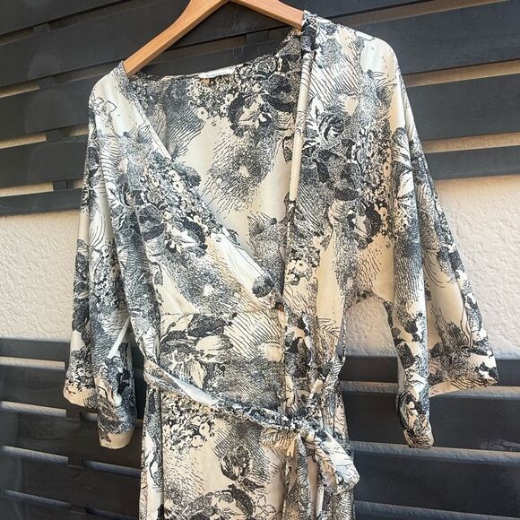 Bucketlist Toile Floral Wrap Midi Dress with Tie Waist in Black & Ivory | Large - Picture 3 of 8